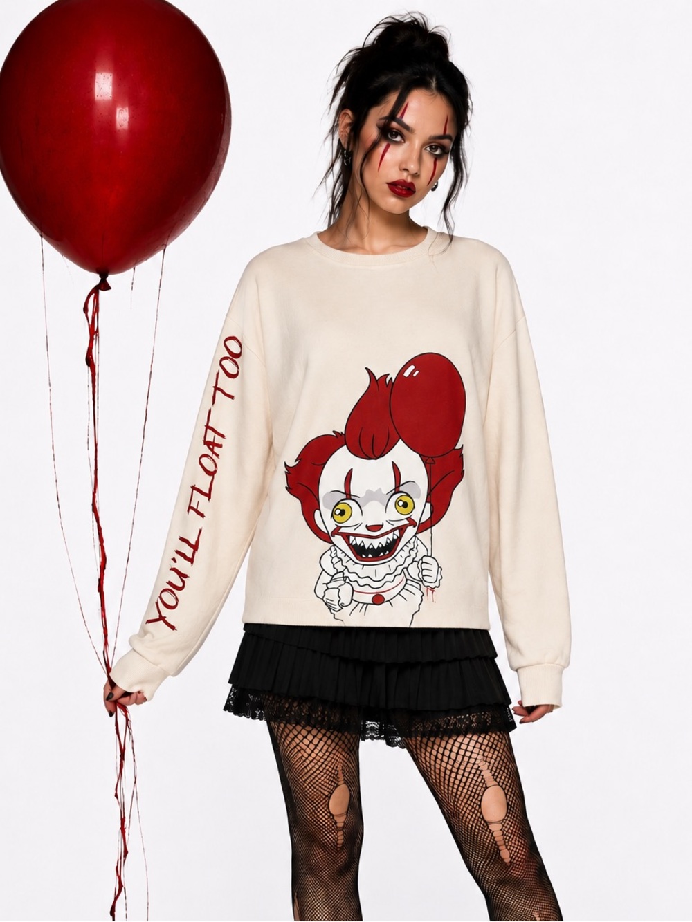 IT Pennywise Cartoon Graphic Cropped Sweatshirt Crew Neck Long Sleeve Cream XL